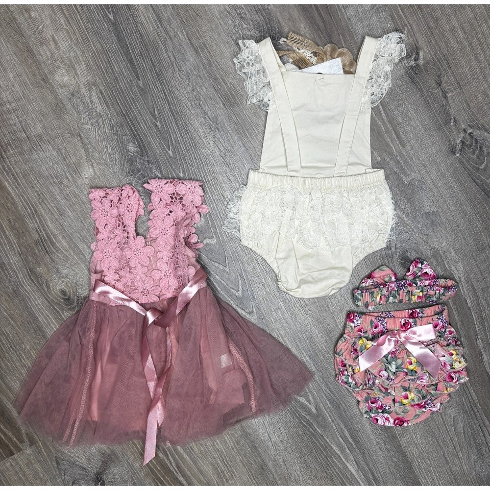 Baby Girl Lace Ruffle Tulle Romper Outfits Bow Pink Cream 6-9 Month Boho Picture - Picture 2 of 2